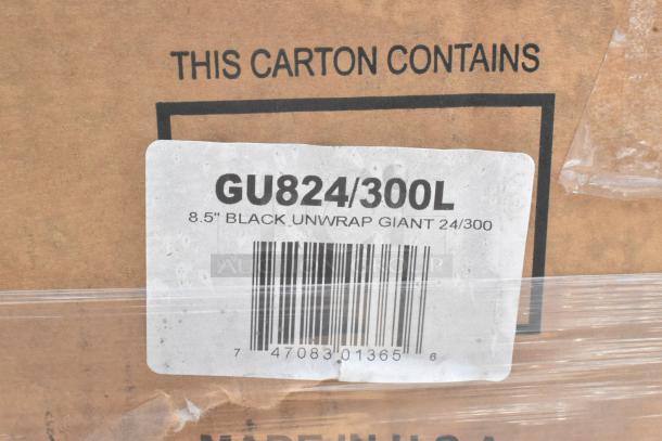Brand new boxes of CelloCore GU824/300L black unwrapped straws. Label indicates 8.5", 24/300 count per box.