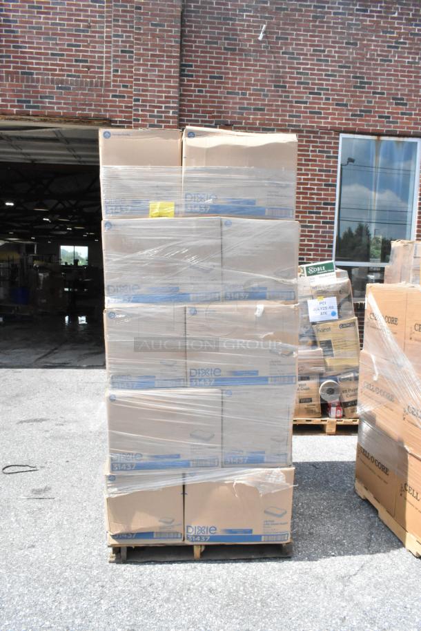 Boxes of Dixie 31437 2-ply dinner napkins, 25 new, minor scratches, stacked on a pallet, wrapped in plastic.