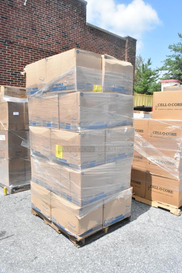 Pallet of 25 new boxes of 2-ply Dixie 31437 dinner napkins, wrapped in plastic, marked "scratch and dent."