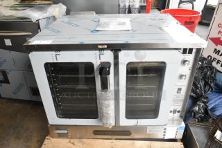 Brand new Southbend PCG50S/SD stainless steel convection oven, 5 shelves, view-through doors, 50,000 BTU, thermostatic controls.