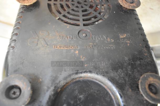 Rossi Metal Commercial Espresso Bean Grinder bottom view, showing rust and markings: "Made in Italy," "Mod RR45."