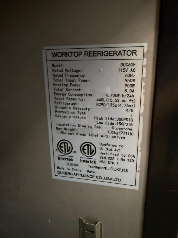 DUKERS DUC60F 2-Door Undercounter Commercial Freezer in Stainless Steel - Image 6 of 6