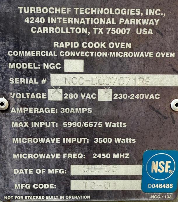 TurboChef NGC Rapid Cook Oven label, details: Model NGC, 280V/230-240V, 30A, 5990/6675W, MFG 05/05, NSF certified.