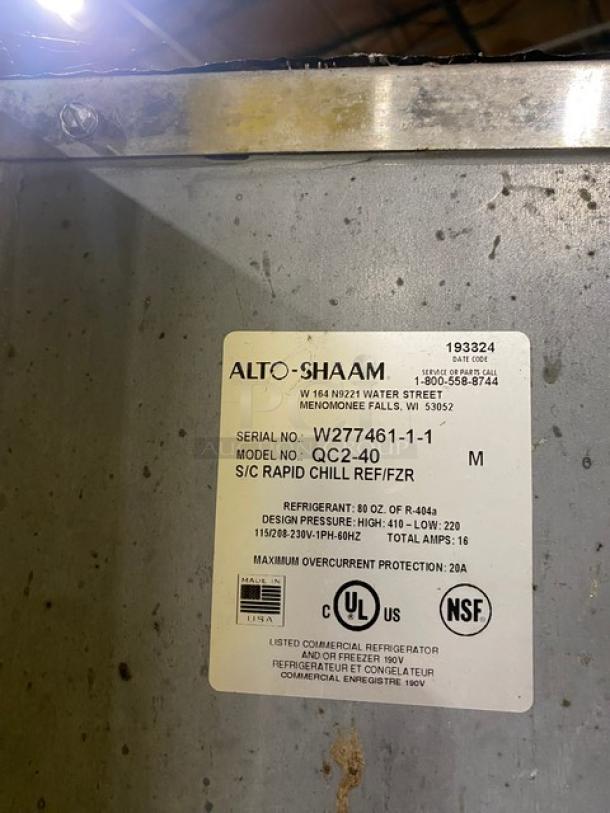 Alto-Shaam Commercial Stainless Steel Solid Single Door Quick Chill/Rapid Blast Chiller! Model: QC2-40 SN: W277461-1-1! 115/208-230V 1 Phase! On Legs! - Image 5 of 8