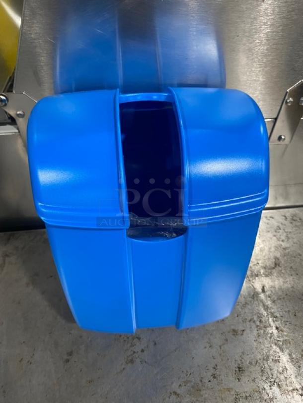 Brand new San Jamar S12000 blue sanitary Saf-T-Ice scoop caddy, commercial-grade, secure storage for ice scoops.