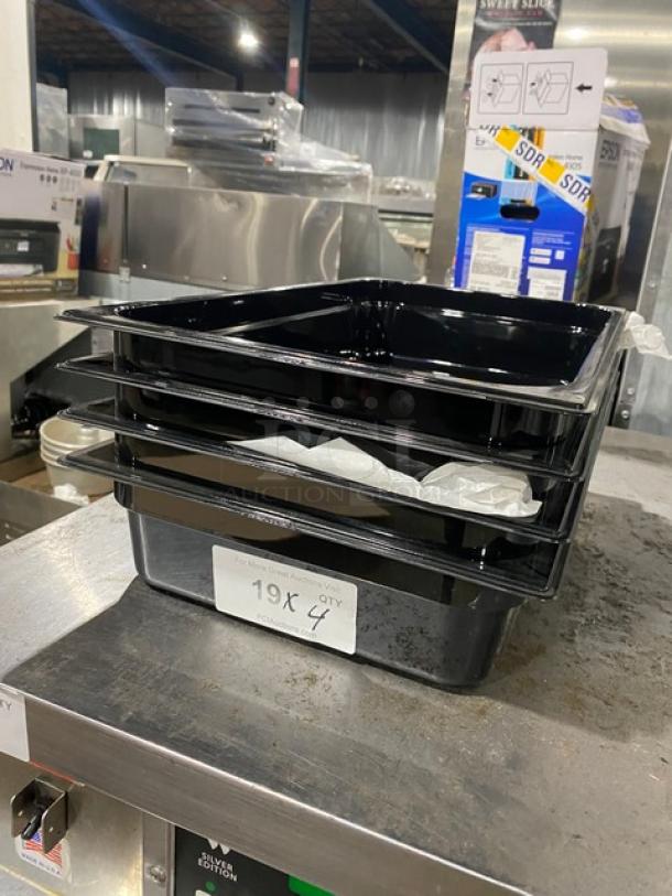 Carlisle Commercial full-size black food pans, Model 10201B, new condition, stacked, labeled "19X QTY 4".
