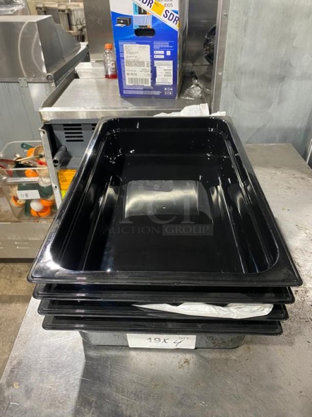 Carlisle 10201B PC black full-size commercial food pan, new condition, stack of four, visible label "19x 6".