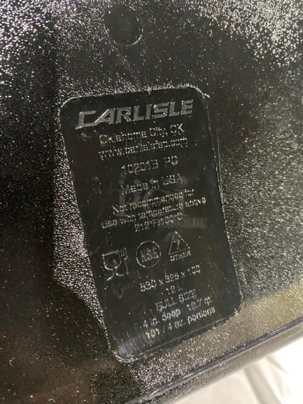NEW Carlisle 10201B PC full-size black food pan, commercial grade, made in USA, label detailing model and specs.
