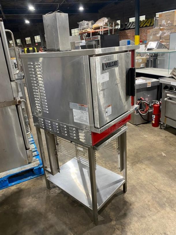 Vulcan commercial stainless steel convection steamer with single undershelf stand, natural gas powered, on legs, 120V 1 phase.