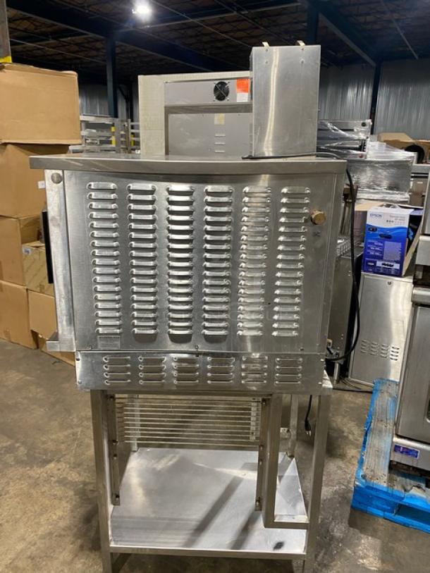 Vulcan commercial stainless steel convection steamer with natural gas power, single undershelf stand, and 120V 1 phase, on legs.