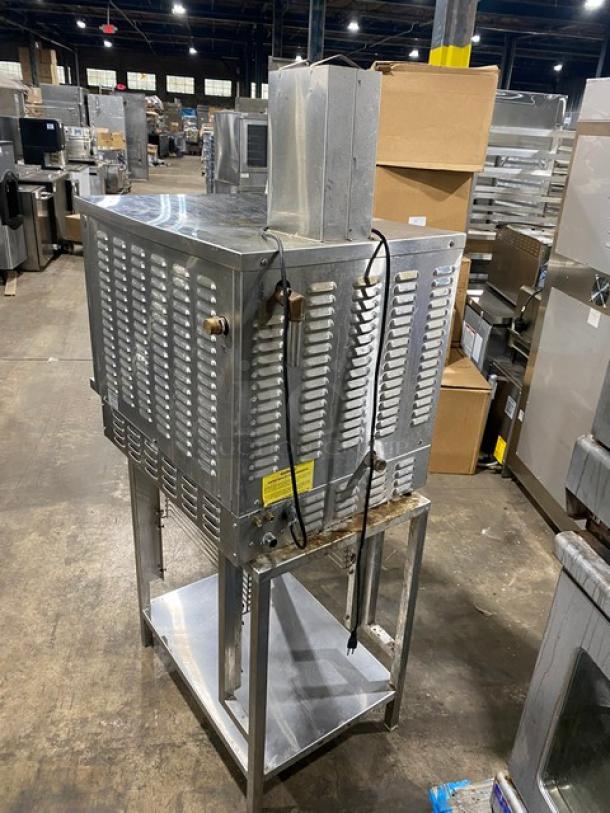 Vulcan stainless steel natural gas convection steamer on undershelf stand, 120V, 1 phase, with visible ventilation and control labels.