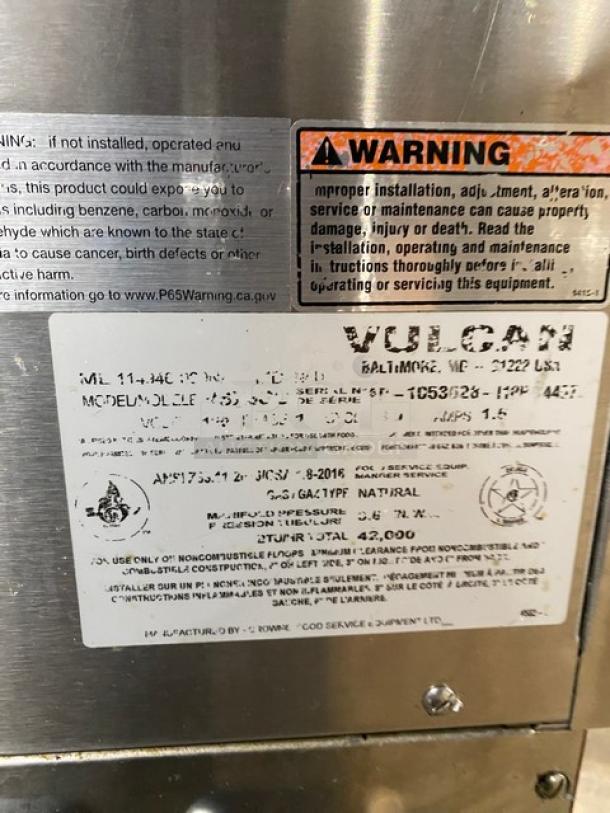Vulcan commercial stainless steel convection steamer label with warnings and specs; model 24C-213A, natural gas, 120V 1 phase.