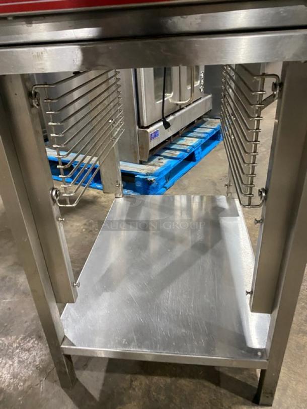 Vulcan stainless steel convection steamer, natural gas, with single undershelf stand; 120V, 1 phase; shown on legs.