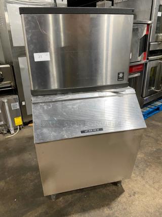 Manitowoc Commercial Stainless Steel Electric Powered Water-Cooled Ice Making Machine Head/Ice Storage Bin Combo! With Lift-Open Door! Model: QY0455W SN: 010666987! 115V 1 Phase! On Legs!