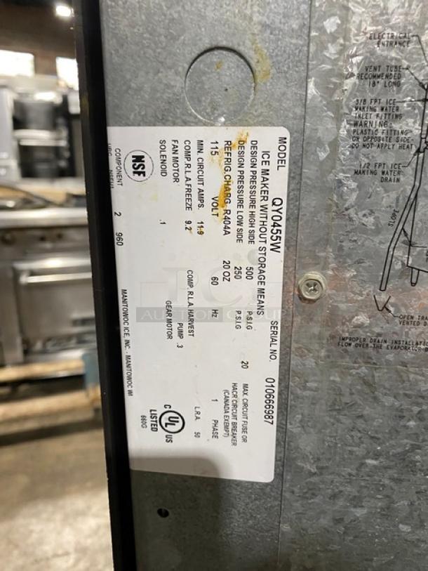 Manitowoc Commercial Stainless Steel Electric Powered Water-Cooled Ice Making Machine Head/Ice Storage Bin Combo! With Lift-Open Door! Model: QY0455W SN: 010666987! 115V 1 Phase! On Legs! - Image 6 of 8