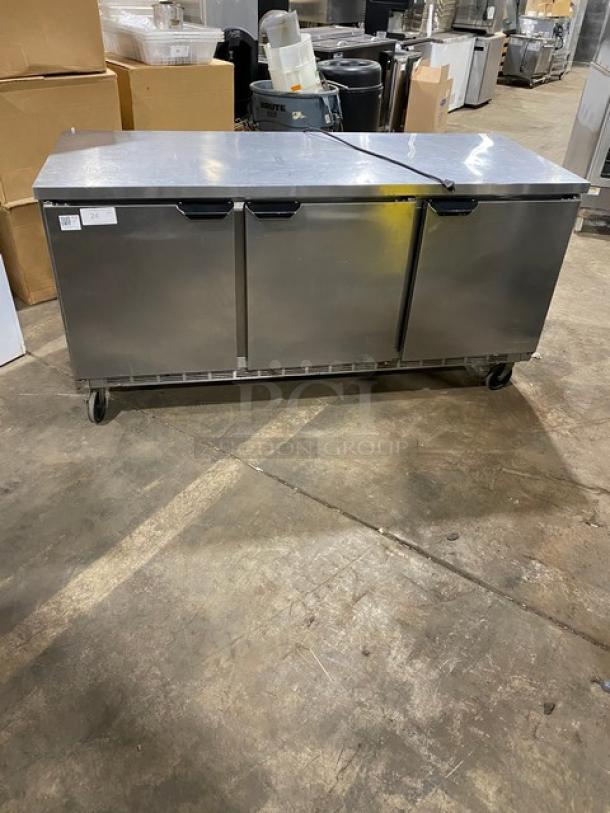Beverage-Air Commercial Stainless Steel 3 Door 72" Flat-Top Worktop Refrigerator! Model: WTR72AY SN: 10701701! 15V 1 Phase! On Casters! - Image 1 of 10