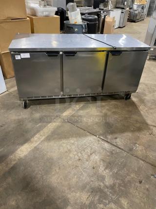 Beverage-Air Commercial Stainless Steel 3 Door 72" Flat-Top Worktop Refrigerator! Model: WTR72AY SN: 10701701! 15V 1 Phase! On Casters!