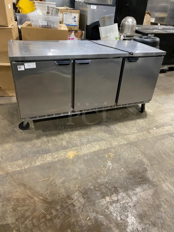 Beverage-Air Commercial Stainless Steel 3 Door 72" Flat-Top Worktop Refrigerator! Model: WTR72AY SN: 10701701! 15V 1 Phase! On Casters! - Image 3 of 10