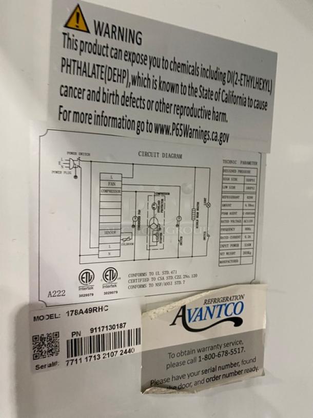 Avantco Commercial Stainless Steel Solid 2 Door Reach-In Refrigerator! With Poly Coated Wire Racks! Model: 178A49RHC SN: 7711171321072440! 115V! On Casters! - Image 8 of 9