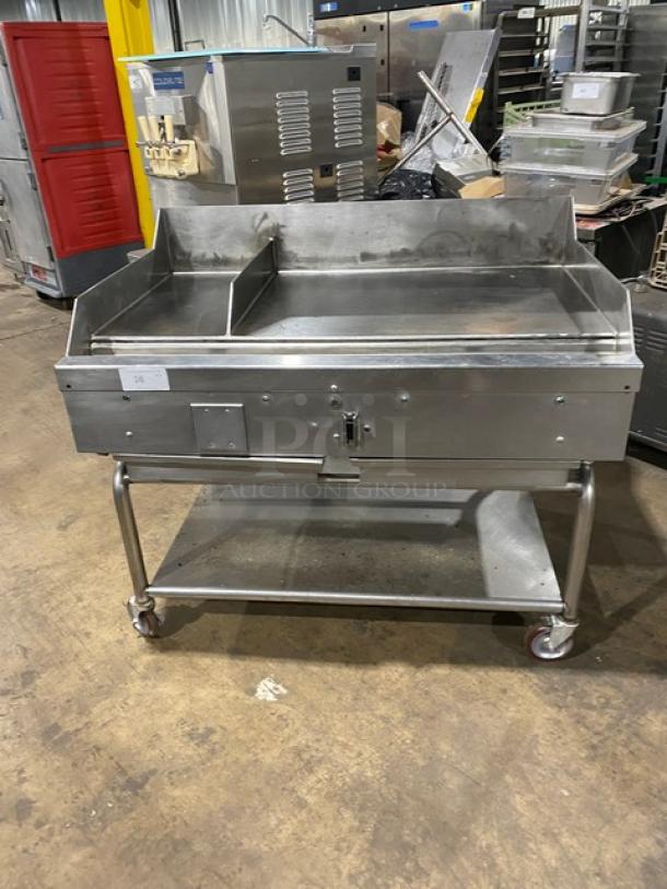 WoodStone Commercial Stainless Steel Natural Gas Powered Countertop Plancha Flat Griddle! With Back & Side Splash! With Single Undershelf Equipment Cart! On Casters! - Image 1 of 10