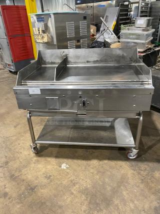 WoodStone Commercial Stainless Steel Natural Gas Powered Countertop Plancha Flat Griddle! With Back & Side Splash! With Single Undershelf Equipment Cart! On Casters!