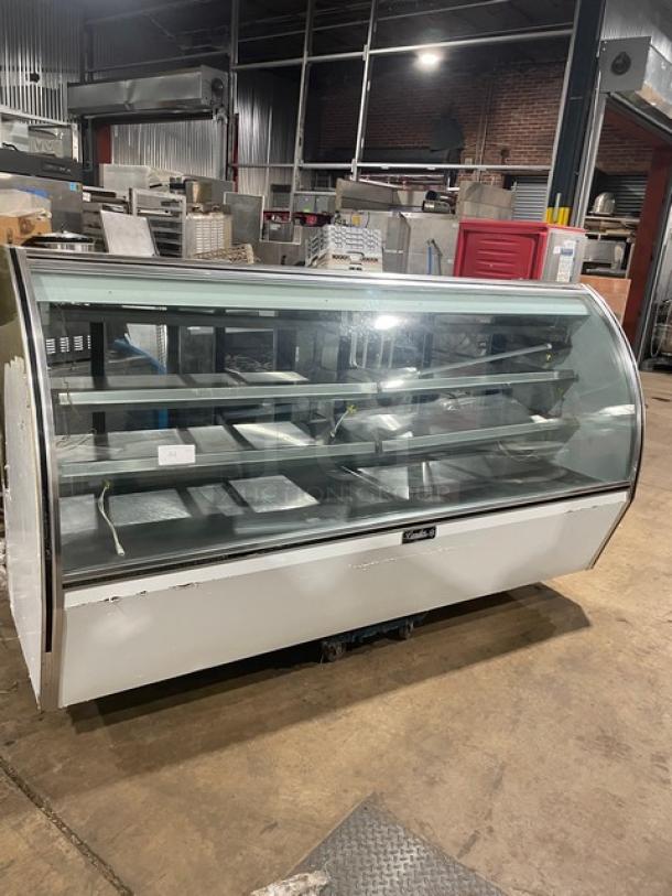 Leader Commercial Stainless Steel Curved Glass 96" Refrigerated Multi-Tier Deli Merchandiser Display Showcase! With Rear Double Sliding Glass Doors! With Lower Overstock Storage! Model: NRHD96R SN: PV11S3001! 115V 1 Phase! - Image 1 of 9