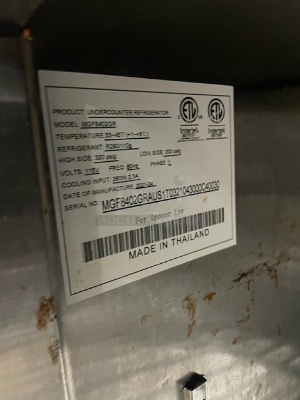 Atosa! 2021! Late Model! Commercial Stainless Steel 2 Door Undercounter Worktop Refrigerator! Energy Star Certified! With Poly Coated Wire Racks! Model: MGF8402GR SN: MGF8402GRAUS1T0321043000C40030! 115V 1 Phase! On Casters! - Image 6 of 7