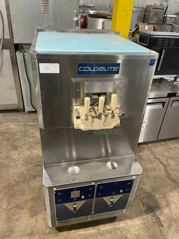 Nice! ColdElite Commercial Stainless Steel Electric Powered Dual Flavor & Twist Soft Serve Ice Cream/Frozen Yogurt Machine! Model: UF820-2 SN: 225881! 208V 3 Phase! On Casters! - Image 1 of 11