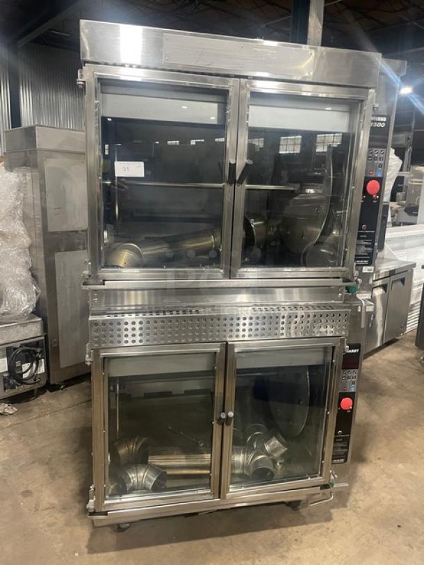 Hardt INFERNO 3500 double-stacked stainless steel rotisserie oven with programmable controls, on casters, natural gas powered.