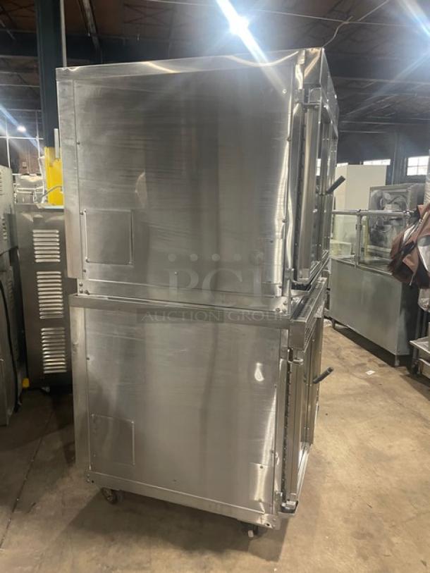 Hardt INFERNO3500 stainless steel double-stacked rotisserie oven with programmable controls, on casters, natural gas-powered.