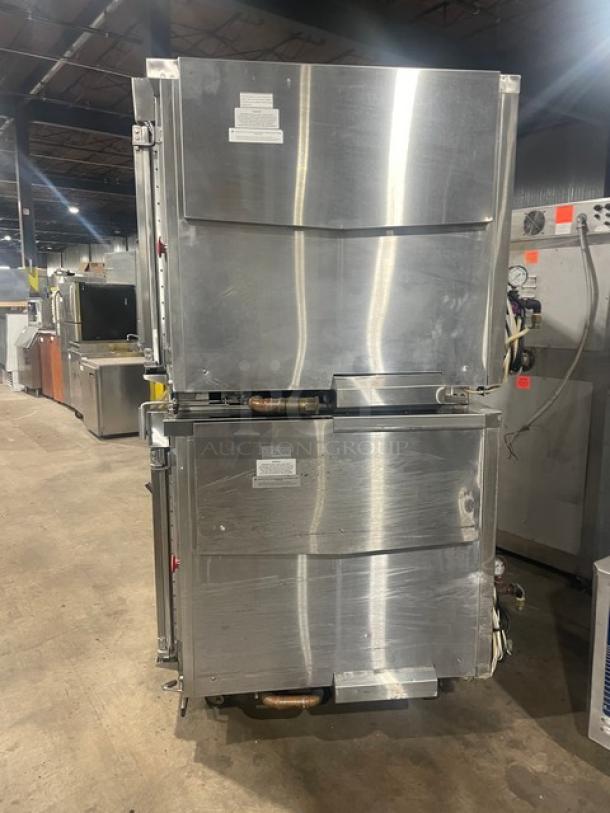 Hardt INFERNO3500 double stacked rotisserie oven in stainless steel, natural gas, programmable controls, on casters.