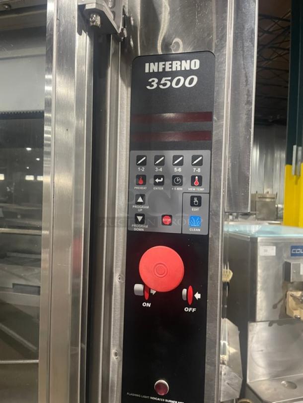 Hardt INFERNO 3500 rotisserie oven, stainless steel, programmable controls. Model: INFERNO3500, SN: 100935HFD11173, on casters.