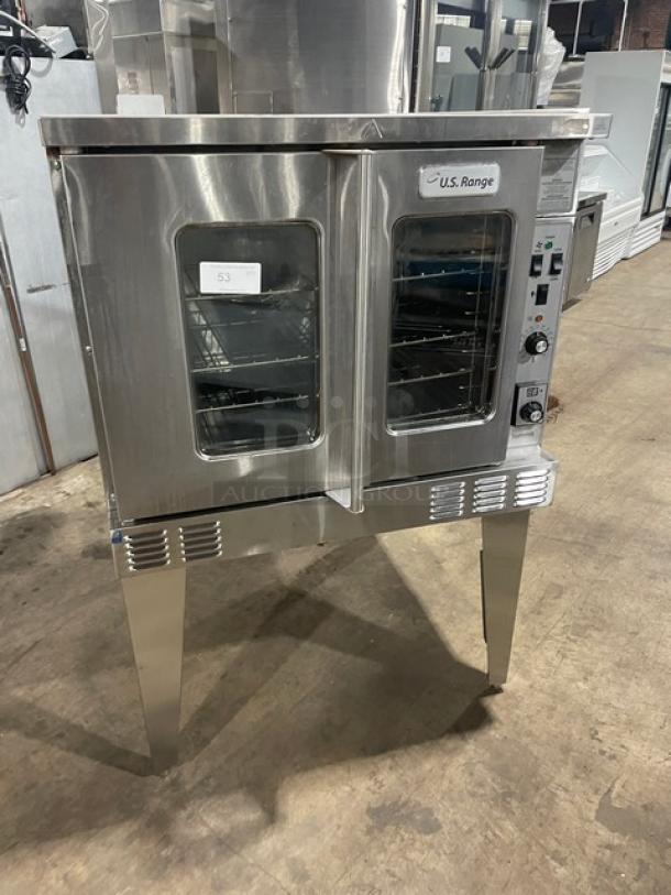 U.S. Range by Garland Summit Series electric convection oven, stainless steel, model SUME-100, with thermostatic controls and wired racks, on legs.