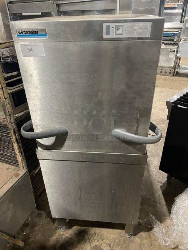 Winterhalter GS502 commercial pass-through dishwasher, stainless steel, digital controls, on legs, 208V 1 Phase, SN: 539963.
