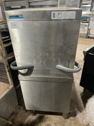 Winterhalter GS502 commercial pass-through dishwasher, stainless steel, digital controls, on legs, 208V 1 Phase, SN: 539963.