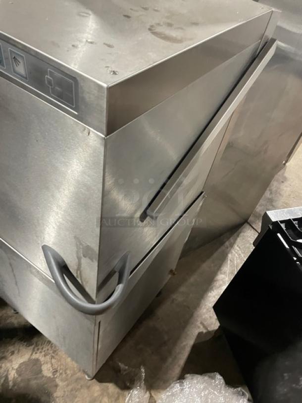 Winterhalter GS502 commercial pass-through dishwasher, stainless steel, electric, digital controls, 208V, on legs.