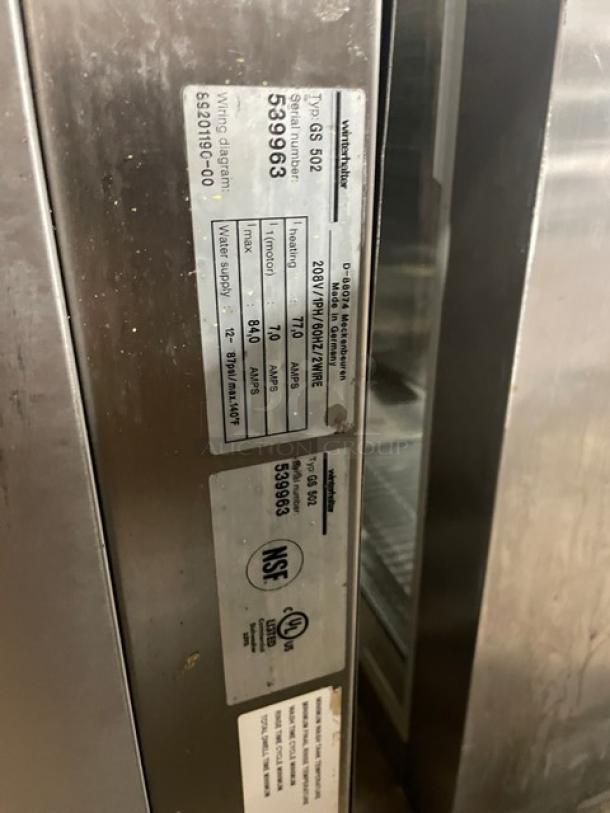 Winterhalter GS502 stainless steel pass-through dishwasher with digital controls, model number GS502, serial number 539963.