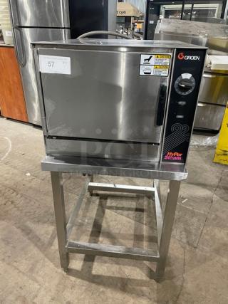 Groen Hyper Steam Series Commercial Stainless Steel Electric Powered Countertop 3 Pan Convection Steamer! With Built In Pan Holding Racks! With Open Base Equipment Stand! Model: HY-3E STEAMER SN: 3E28241MS! 208V 3 Phase! On Legs! - Item #1194881