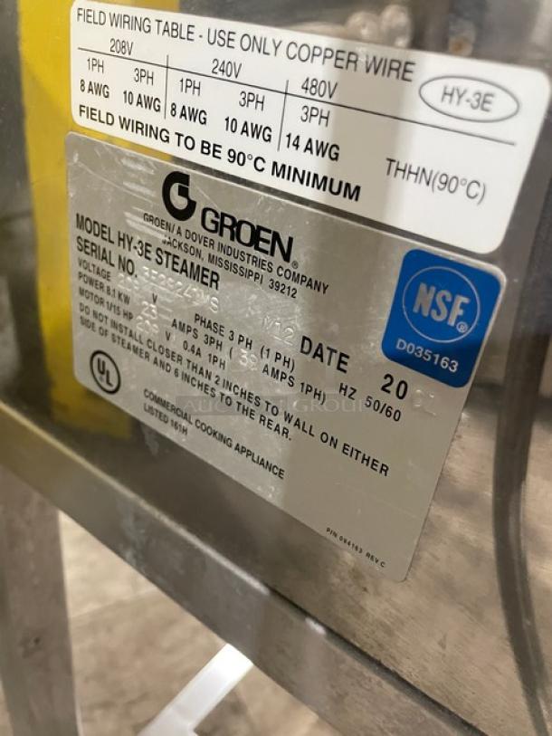 Groen Hyper Steam Series Model HY-3E commercial steamer label, showing specifications, including 208V 3 Phase and NSF certification.