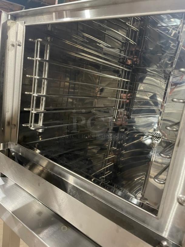 Groen HY-3E stainless steel convection steamer with pan racks, open base stand, 208V 3-phase, serial 3E28241MS.