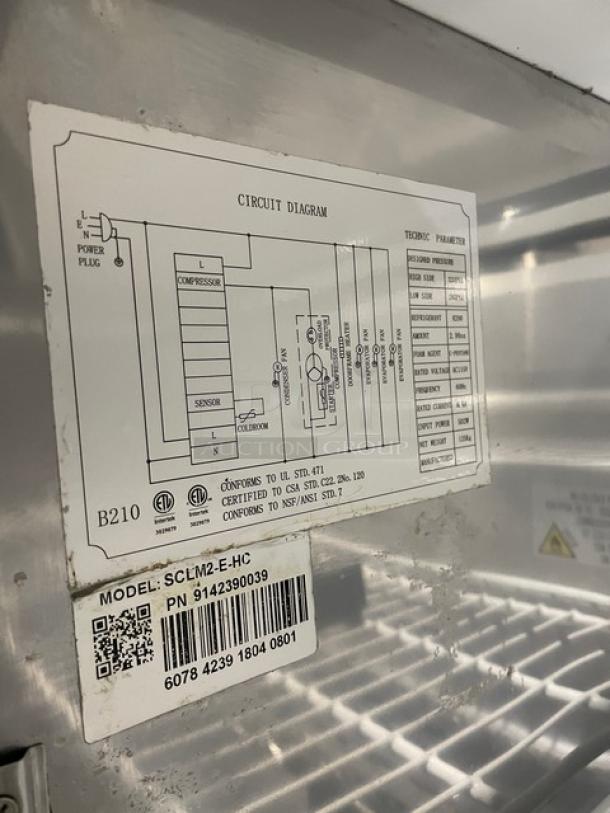Cold Line Commercial Stainless Steel 2 Door Refrigerated Bain Marie Style Salad/Sandwich Prep Table! With Poly Coated Wire Racks! With Removable Cutting Board! Model: SCLM2-E-HC SN: 6078423918040801! 115V! On Casters! - Image 7 of 8