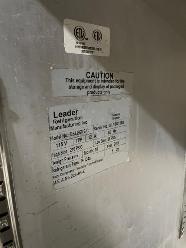 Leader Commercial Stainless Steel 2 Door Lowboy/Undercounter Worktop Refrigerator! Model: ESLB60 S/C SN: NL10S1103! 115V 1 Phase! On Casters! - Image 7 of 8