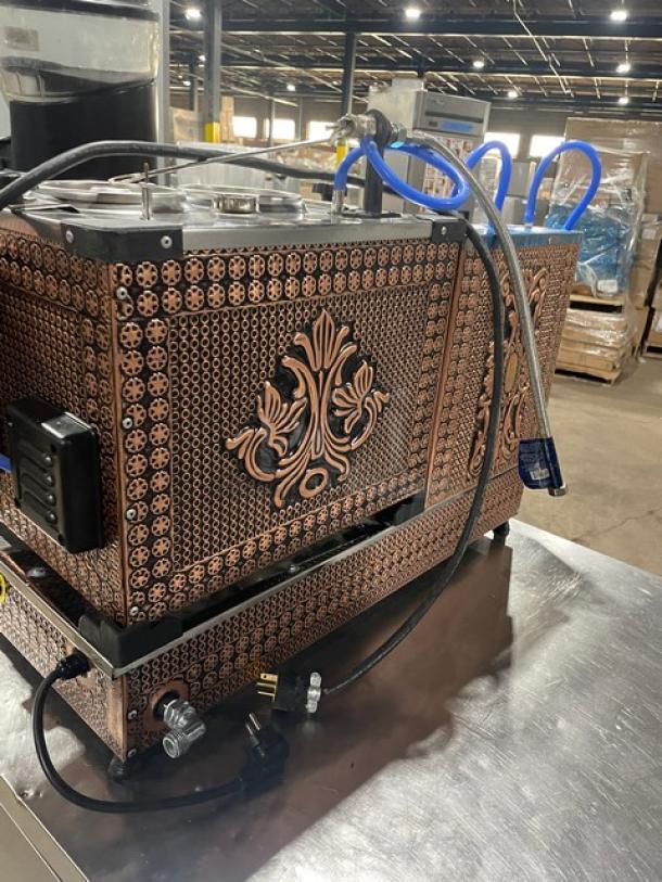 Bakasan copper electric Turkish samovar boiler, model BKSG200A1, 220V, heavy-duty, intricate design, on legs.