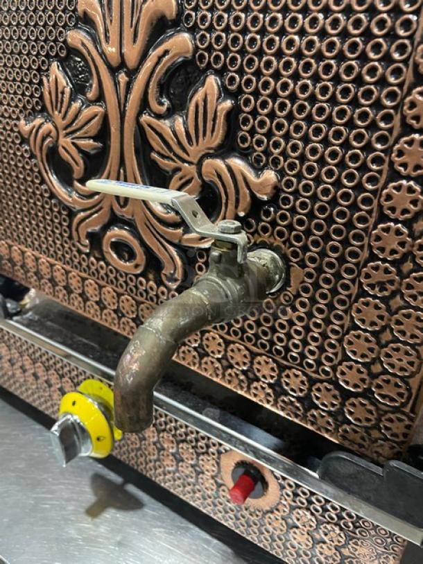 Bakasan copper Turkish samovar, Model BKS-G/200A1, electric-powered, intricate design, valve, 220V, SN: 20561, on legs.