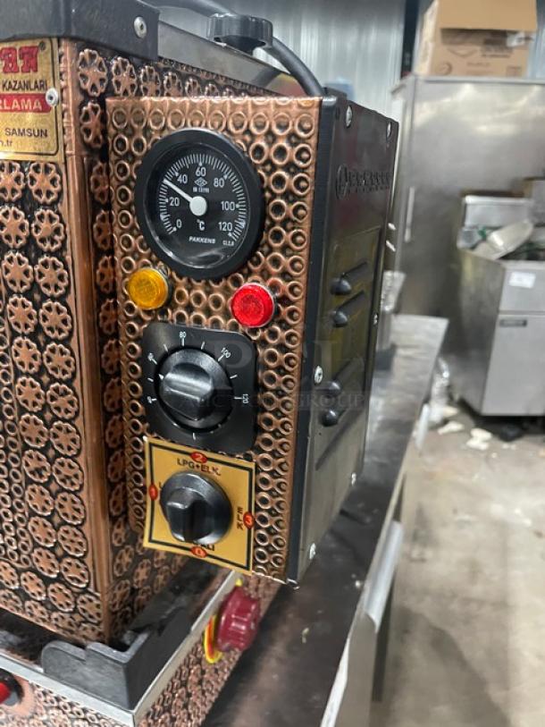 Bakasan BKS-G/200A1 copper electric samovar, 220V, with gauge, controls, and decorative detailing. Model SN: 20561.