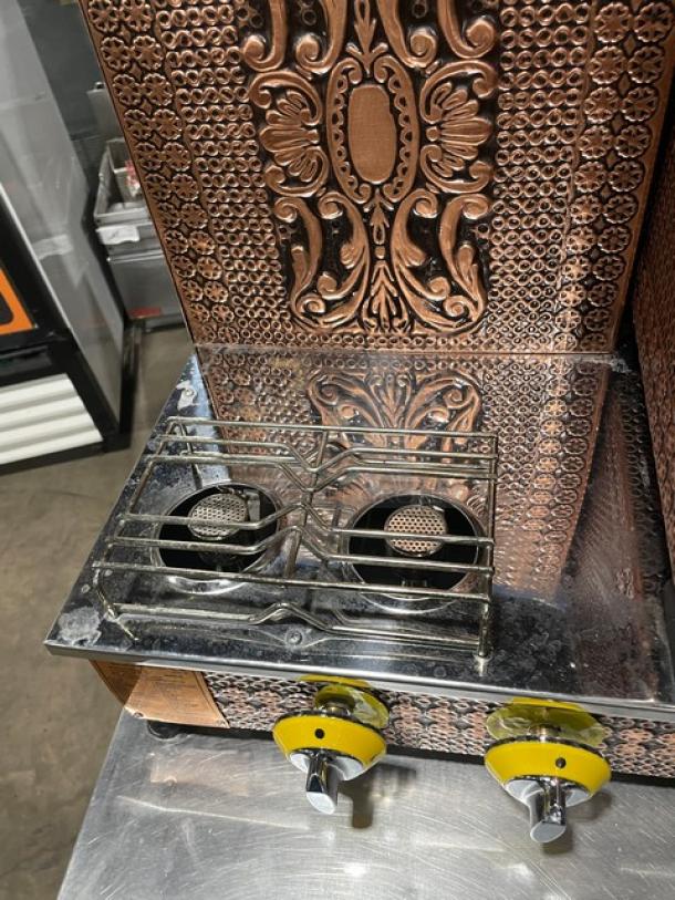 Bakasan copper electric Turkish samovar tea boiler, model BKSG200A1, intricate design, on legs, dual spouts, 220V.