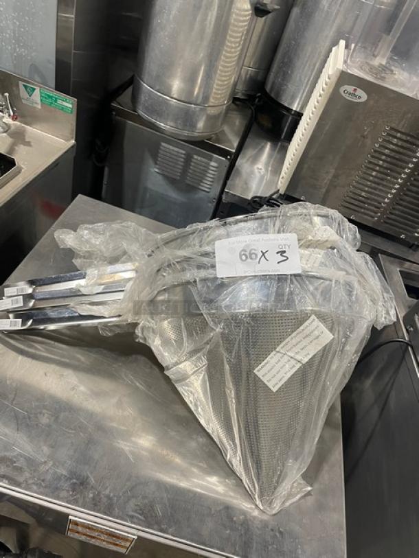 NEW Winco CCS-12C China Cap Strainer, 12" perforated mesh, commercial-grade, wrapped in plastic, with product tag.