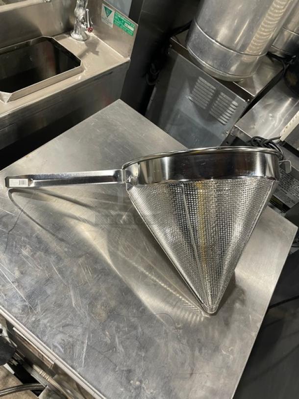 NEW Winco CCS-12C 12" perforated coarse mesh china cap strainer, stainless steel, commercial-grade, with handle.