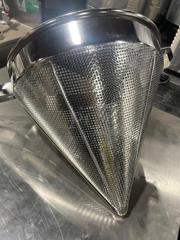 New Winco 12" China Cap Strainer, Model CCS-12C. Perforated coarse mesh, stainless steel, commercial-grade.