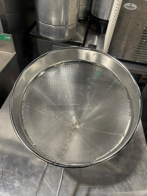 Winco Commercial CCS12C 12" perforated mesh strainer, new condition, coarse mesh, stainless steel.